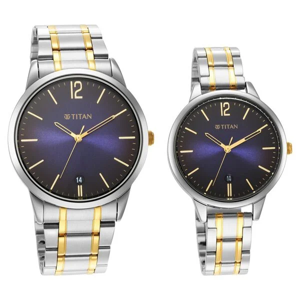 Titan Quartz Analog with Date Blue Dial Stainless Steel Strap Watch for Couple
