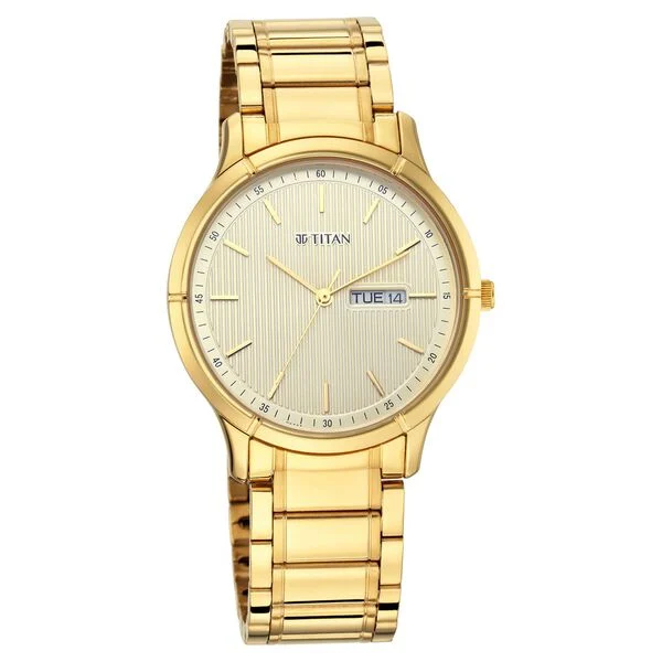 Titan Lagan Yellow Dial Analog with Day and Date Metal Strap Watch for Men