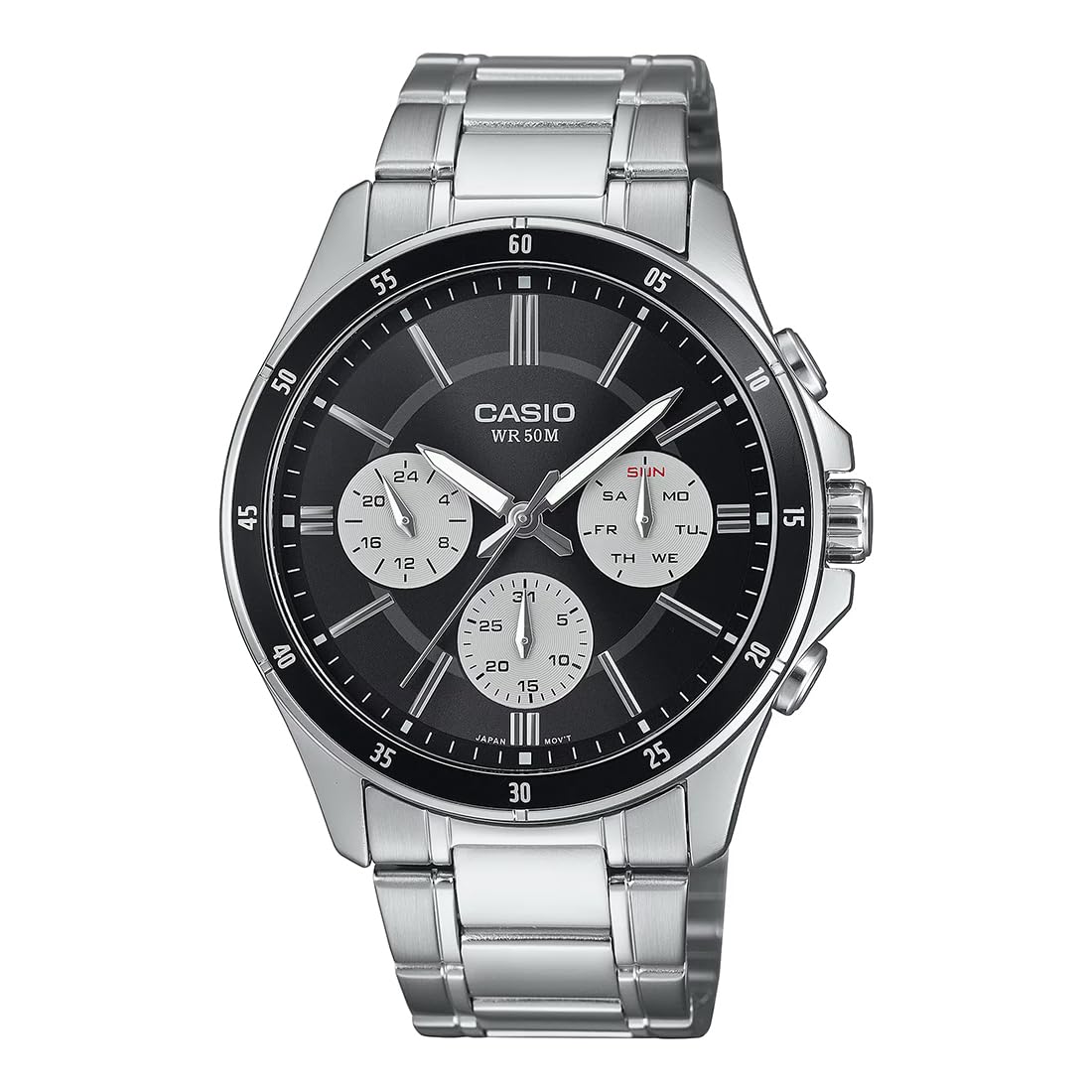 Enticer Men Quartz Black and White Dial Multi-Function Stainless Steel Watch MTP-1374D-1A3VDF