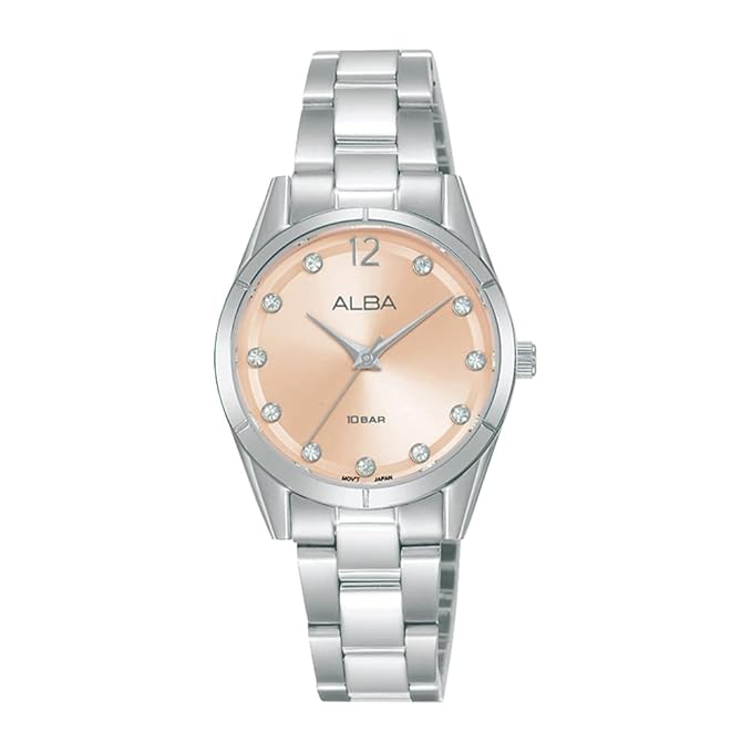 Alba Stainless Steel Women Peach Dial Ladies Analogue Watch With Crystals, Silver Band