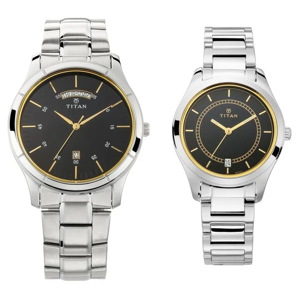 Titan Bandhan Blue Dial Analog with Day and Date Stainless Steel Strap watch for Couple